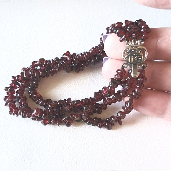 Triple Strand Garnet Stone Bracelet w/ Sterling Silver Asian Clasp - Picture 1 of 6